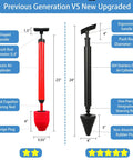 Comparison of Heavy Duty Air Pressure Toilet Plunger That Will Blast Through Stubborn Kitchen Sink Or Floor Drain Clogs Fast with previous generation design.