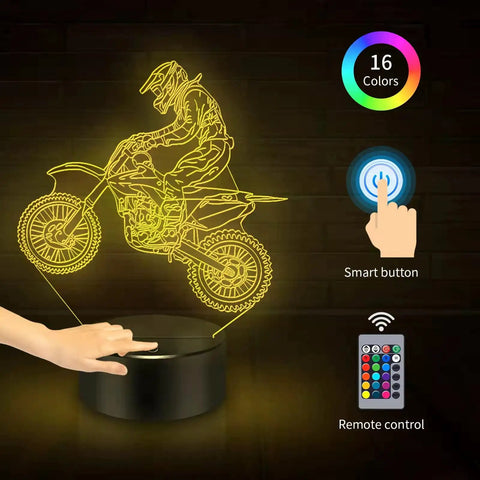 Dirt Bike 3D Night Light With 16 Color Changing LEDs, Remote Control Motorcycle Lamp in yellow with touch control