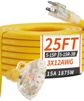 Heavy Duty Outdoor Extension Cord 25 Foot 12 Gauge Yellow Waterproof With Three Outlets ETL Listed NEMA 5 15P To NEMA 5 15R Weather Resistant For Yard Garden Patio And Outdoor Tools Powering A Bunch Of Gear At Once, coiled with plugs