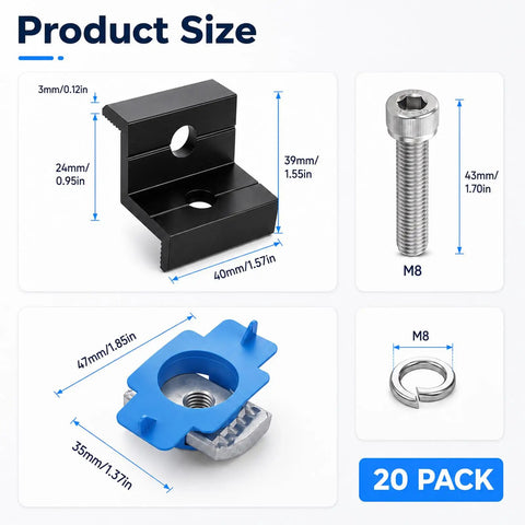 Heavy Duty Solar Panel End Clamp Kit With Anodized Aluminum Brackets And Stainless Screws For Rock Solid Roof Mounts complete 20 piece parts layout.