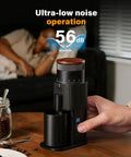 Zero Drama All Metal Single Dose Coffee Grinder Featuring A Quiet DC Motor And Eighty Precise Burr Settings For Smooth Home Espresso Grinding One Touch No Mess Operation With Sleek Black LED Display on wooden table.