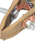 Close-up of Heavy Duty A Shape Ground Welding Earth Clamp With Superior Grip And High 800A Power Rating For MIG Arc Welding Jobs, showing brass and copper components.