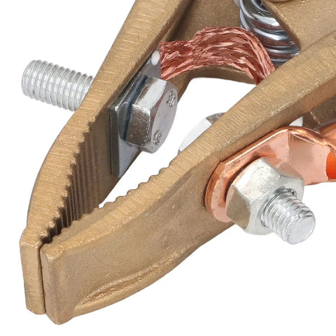 Close-up of Heavy Duty A Shape Ground Welding Earth Clamp With Superior Grip And High 800A Power Rating For MIG Arc Welding Jobs, showing brass and copper components.