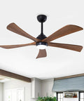 Geelife 52" 5PCS Solid Wood Blades Ceiling Fan with Lights Remote Control in matte black with brown wooden blades.