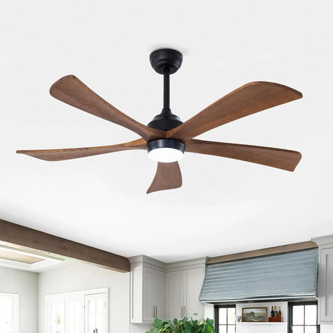 Geelife 52" 5PCS Solid Wood Blades Ceiling Fan with Lights Remote Control in matte black with brown wooden blades.