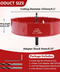 Front view of red 6.1-inch bi-metal hole saw with arbor and pilot bit, 155mm diameter.