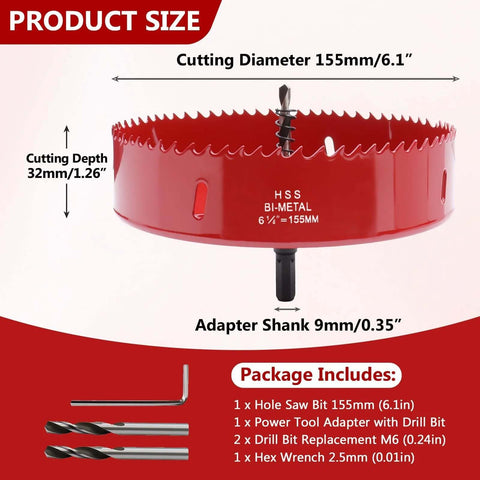 Front view of red 6.1-inch bi-metal hole saw with arbor and pilot bit, 155mm diameter.