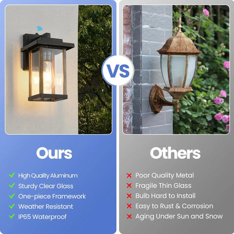 Comparison of Large 14 Inch Outdoor Wall Lantern With Wood Grain Finish And Clear Glass Anti Rust Exterior Sconce for Patio Garage Farmhouse Weatherproof Black Porch Light versus another lantern.