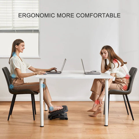 Woman using adjustable ergonomic desk footrest with massage for improved posture and leg comfort in office setting.