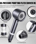 All In One High Pressure Shower System With 4 Spray Handheld Head Seven Replacement Filters Two Mount Brackets 59 Inch Hose Thick ABS Body