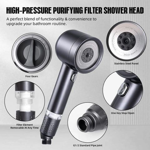 All In One High Pressure Shower System With 4 Spray Handheld Head Seven Replacement Filters Two Mount Brackets 59 Inch Hose Thick ABS Body