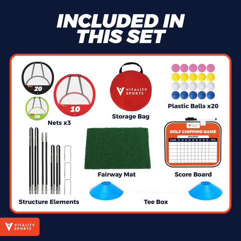 Golf Chipping Practice Net Set With Three Target Nets In Small Medium Large, Indoor Outdoor Backyard Hitting Mat, 20 Practice Balls, Tee Box, And Chipping Game For Men