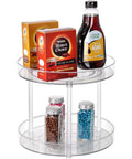 Two Tier Lazy Susan Turntable Organizer for Cabinets and Pantry Rotating Spice and Condiment Organizer with coffee and syrup bottles