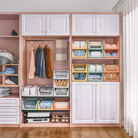 Four Pack Folding Closet Organizer Bins With Stackable Design For Wardrobe, Closet, Kitchen, Bathroom And Office White 4L