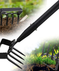 2 In 1 Garden Hoe With Stirrup Action And 4 Tine Cultivator Rake On A 74 Inch Handle for weeding and soil loosening.