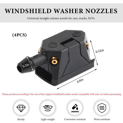 Close-up of single Front Windshield Washer Nozzle from 4 Pack with 4 Hole Spray Jets for Cars Trucks SUVs, showing size dimensions