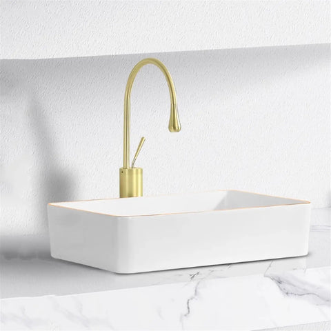 USZWBY Vessel Sinks Light Luxury Above Counter Basin Side Drain Ceramic Wash Phnom Penh Small Apartment Bathroom Bowl Sink with gold faucet