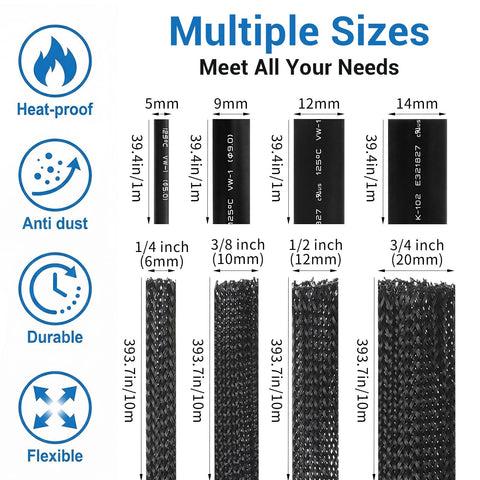 131 Ft Expandable Braided Cable Sleeve Wire Loom All In One Kit showing multiple sizes of braided sleeves and heat shrink tubes