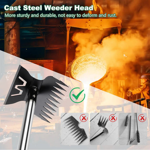 Heavy Duty 57 Inch 2 In 1 Weed Puller With Long Detachable Handle, 10 Tooth Weed Rake And Garden Hoe with cast steel head