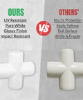 Comparison of 20 Pack Cross PVC Fittings 4 Way Elbow Connectors showing glossy white finish versus dull yellowed competitor