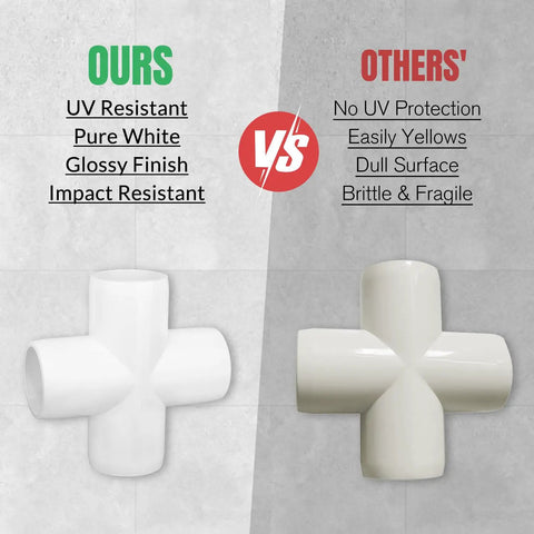 Comparison of 20 Pack Cross PVC Fittings 4 Way Elbow Connectors showing glossy white finish versus dull yellowed competitor