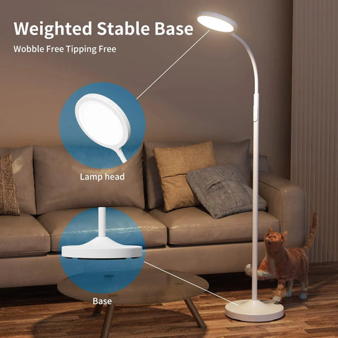 White Floor Lamp With Super Bright Dimmable LED For Living Room Adjustable Gooseneck Reading Light Remote Control And Custom Color Temperature Standing Floor Lamp With Eye Friendly Design in a living room setting with sofa.