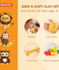 Air Dry Clay Kit For Kids With 12 Animal Crafts Colorful Modeling Clay And Sculpting Tools Safe Nonstick Diy Art Set with lion, monkey, and owl models, highlighting kid-friendly use and features.