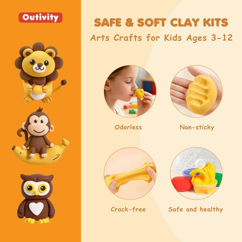 Air Dry Clay Kit For Kids With 12 Animal Crafts Colorful Modeling Clay And Sculpting Tools Safe Nonstick Diy Art Set with lion, monkey, and owl models, highlighting kid-friendly use and features.