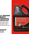 Ingersoll Rand All Season Select Synthetic Lubricant bottle, front view, black jug with red label and red cap.