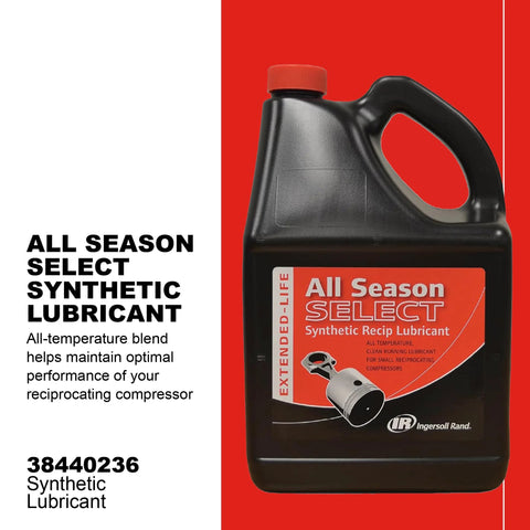 Ingersoll Rand All Season Select Synthetic Lubricant bottle, front view, black jug with red label and red cap.