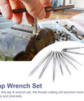 Metric Tap And Die Set 30 Pcs Hand Tools Kit For Threading With Adjustable Wrench Pro Grade Coarse And Fine Dies High Carbon Steel Machined For Quick And Clean Threads, shown in use and laid out.