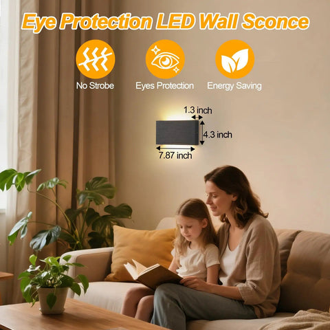 Modern Wood LED Linear Wall Sconce, Mini Up Down Wall Mount Light,Hardwired,UL Listed,Wood Wall Lighting Fixture for Bedroom, Living Room,Stairway, Hallway, (Black) 2 Pack illustrating a family reading with wall sconce.