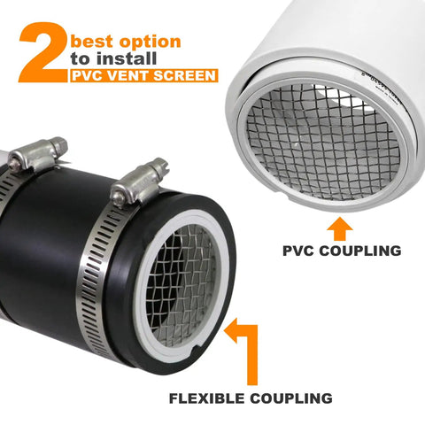 Mesh Screen Vent Cap End Cover For Furnace And Roof Vents on PVC and flexible coupling, Stainless Steel Wire Round Exhaust Pipe Cap, Inner 2 Inch, Outer 2-3/8 Inch Diameter, Durable, Easy Install, Built Tough, DIY Vent Protection.