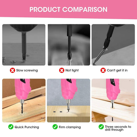 Pink Cordless Mini Screwdriver Kit With 3.7V Rechargeable Power, product comparison showing different uses in woodwork.