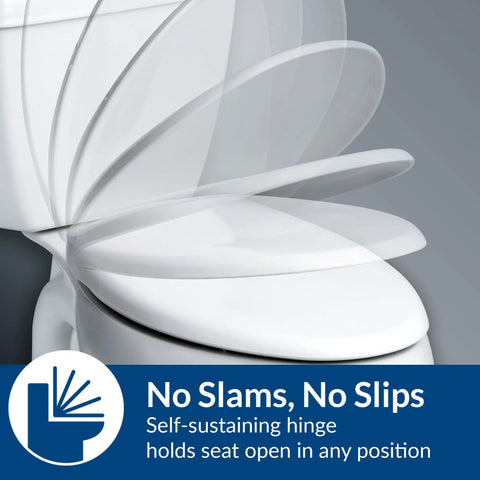 Commercial Heavy Duty Elongated Toilet Seat With White Cover And No Slam Seat Built Different For Busy Public Washrooms Featuring Grip Tight Bolts For Zero Drama Installation Made In Usa showing self-sustaining hinge design.