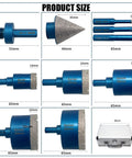 Pro Grade Diamond Core Drill Bit Set For Tile And Stone Includes Sizes 6 6 10 25 35 50 75mm with 50mm cone tile bit and case