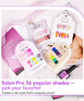 Display of Pro Gel Polish Kit For Salon Use, 36 Color Set, HEMA-Free, showing vibrant nail art samples.