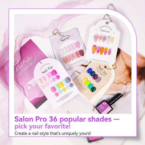 Display of Pro Gel Polish Kit For Salon Use, 36 Color Set, HEMA-Free, showing vibrant nail art samples.