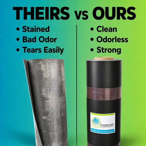 Comparison of Heavy Duty Mass Loaded Vinyl Sound Barrier showing clean vs stained materials for effective noise insulation.
