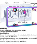 Diagram showing Iridescent Snazzy License Plate Frame 2 Pack Stainless Steel Mirror Polish Finish with installation steps and parts.