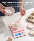 Killer Digital Postal Scale Measures Every Package Up To 66 Pounds With Dead On Precision So You Can Ship Heavy Goods Without Stress While The Sleek Pink Surface Looks Absolutely Dope. Close-up of pink scale weighing flour and sugar.