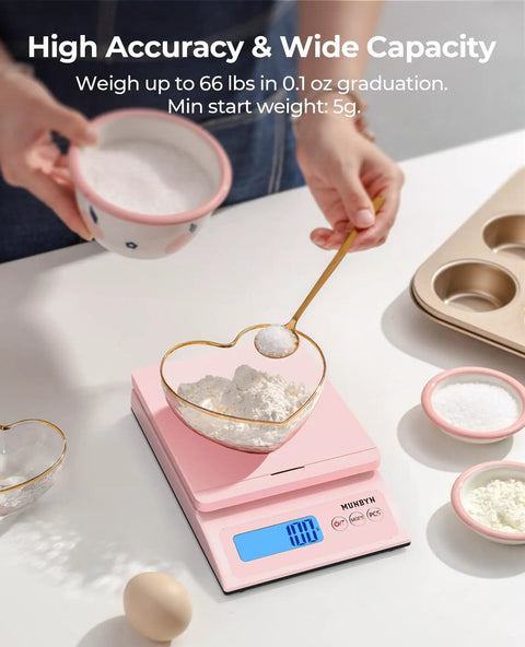 Killer Digital Postal Scale Measures Every Package Up To 66 Pounds With Dead On Precision So You Can Ship Heavy Goods Without Stress While The Sleek Pink Surface Looks Absolutely Dope. Close-up of pink scale weighing flour and sugar.