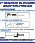 Installation instructions for vinyl plug anchors with step-by-step guide and safety warning