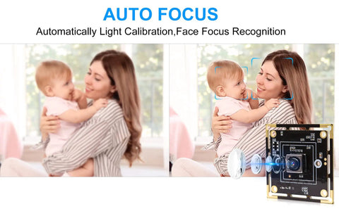 Mother holding baby with 16MP Autofocus USB Camera Module, showing auto focus and face recognition feature.