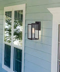 2 Pack Outdoor Wall Lanterns, 11 Inch Modern Farmhouse Exterior Sconces With Clear Glass installed by blue house window