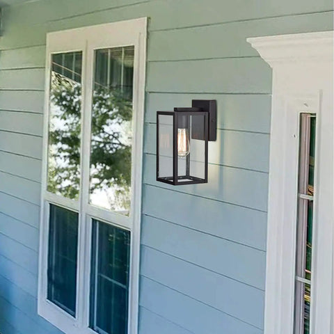 2 Pack Outdoor Wall Lanterns, 11 Inch Modern Farmhouse Exterior Sconces With Clear Glass installed by blue house window