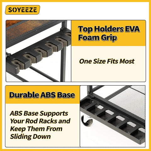 Close-up of rolling garage fishing rod organizer cart showing EVA foam grip holders and durable ABS base with wheels.