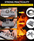 Heavy Duty Magnetic Bevel Jig For Knife Making And Metal Sharpening Built Tough From Steel Workhorse Tool For Knife Makers And Welders Wide Blade Compatibility With Round Square And Irregular Shapes For Grinding And Sharpening showcased with various blades.