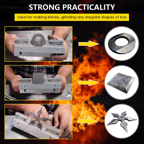 Heavy Duty Magnetic Bevel Jig For Knife Making And Metal Sharpening Built Tough From Steel Workhorse Tool For Knife Makers And Welders Wide Blade Compatibility With Round Square And Irregular Shapes For Grinding And Sharpening showcased with various blades.