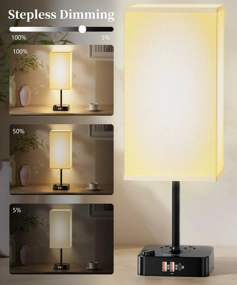 Bluetooth WiFi RGB Bedside Lamp With 3 USB Ports And 2 Outlets Power Strip Dimmable LED Bulb showcasing dimming levels